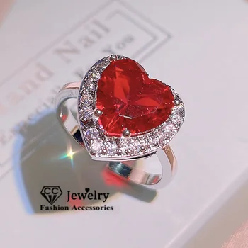 CC Открити пръстени за жени Сребрист цвят, Червено Сърце, Циркониевый камък, Мода декорация за влюбени, Регулируеми Аксесоари за сватбени партита CCT-01