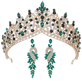 Луксозна Зелена Crystal Crown С обеци, Диадема Булка, Сватбени Диадеми, Набор от сватбени на короните за принцесата, Украса за коса, Аксесоари