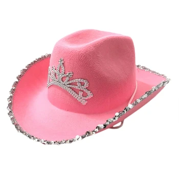 Украсена с пайети ковбойская шапка с розов цвят, украсени с тиарой, фетровая шапка с почиства от перата U4LE
