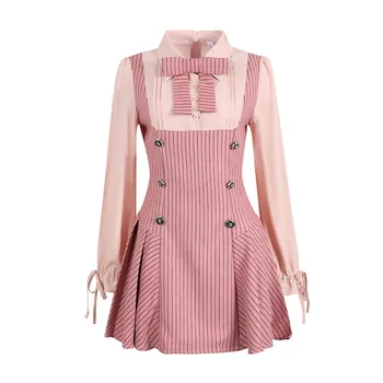 Розово сладко студентско рокля-риза с дълъг ръкав на райе в академик стил, от две части, есен женствена рокля-риза в стил Лолита.