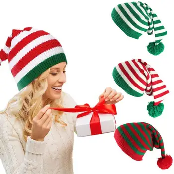 Коледен елф, шапка на Дядо Коледа, вязаная шапка, червена Зелена хоризонтална ивица, вязаная Шапка на една кука, С Коледа, подарък за възрастни с Нов 2024 година