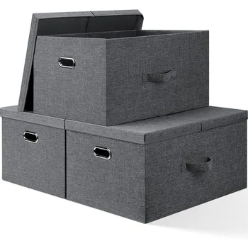 Много големи сгъваеми кутии за съхранение с капак, 3 опаковки с ленена тъкан, сгъваема куб за съхранение с 4 дръжки, кошница за съхранение