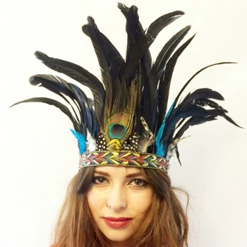 Превръзка на главата с пайети и пера за жени Еластична обвивка за коса в етнически стил За Хелоуин, Сватба парти, Аксесоари за косата на булката