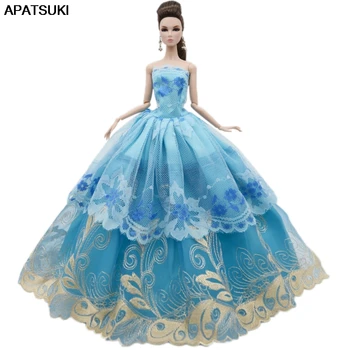 Многослойно сватбена рокля със сини флорални дантели за кукли Барби, облекло, премяна за 1/6 BJD Кукли, Аксесоари, играчки