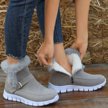 Моден зимни обувки, дамски кожени топли ботильоны, Новост 2023 година, къси плюшени ежедневни дамски ботуши на равна подметка, дебел плюшен зимни дамски памучен обувки