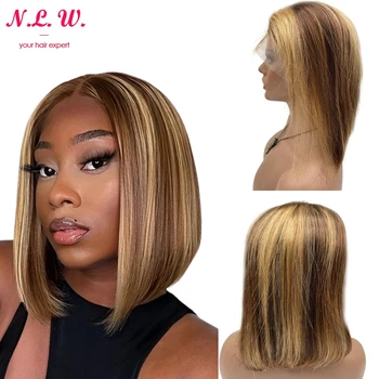 N. L. W P4/27 цветни дантелени предната перуки, изработени от човешка коса 13 * 4 кратък Боб пряка човешка перуки 12 инча предни коса за жени 180% плътност