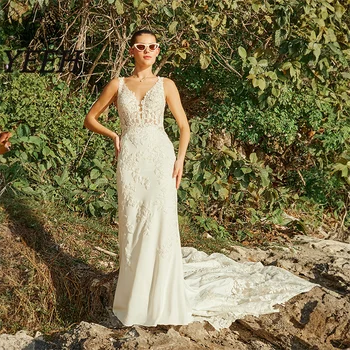 Сватбена рокля YEEH Елегантна иллюзионное сватбена рокля с V-образно деколте, дантелени апликации, открита на въртене, струята на 