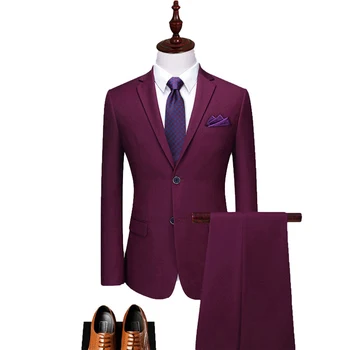 Блейзър Мъжки костюм 2 бр (палта + панталон Черно, Тъмно-червен, модерен Пролетен бизнес костюм за младоженеца, сватбена парти, благородна приталенная кацане