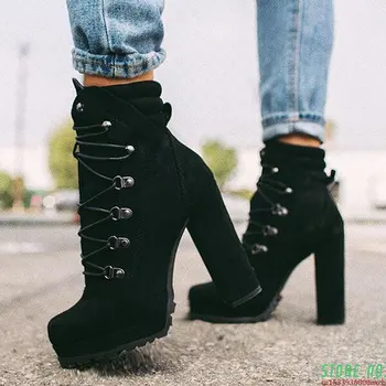 Дамски обувки 2023 Есенни обувки на платформа, дамски обувки на висок ток с шнур, дамски обувки големи размери, велур къса