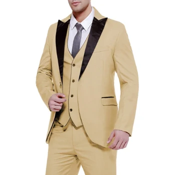 Мъжки костюм цвят Шампанско от 3 части 2023, Ежедневни Официални Приталенные Сватбени Костюми на Младоженеца, Бизнес Смокинги За Младоженците (Сако + Панталон + елек)