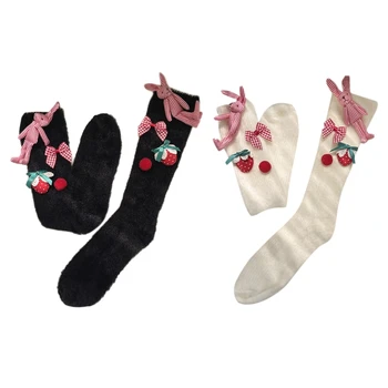 Женски Пухкави Плюшени чорапи за телета, чорапи с 3D-заек и ягодов лък, 37JB