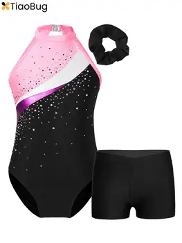 Комплекти дрехи за каране на кънки на лед с блестящи кристали за момичета, балетные танци, гимнастически трика, без ръкави със спортни къси панталони и ластик за коса