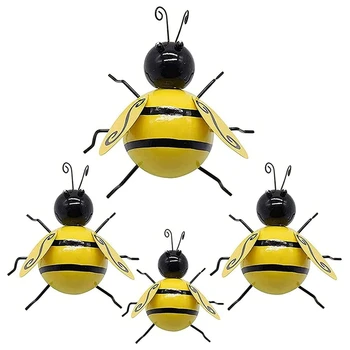 Метална Пчела Стенен Декор на 3D Bumblebee Стенно Художествено Украса Пчелният Стенни Художествена Скулптура Виси, 4 Бр.