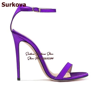Surkova Виолетово-розови сандали от сатен от тъкан с една каишка на много висок ток и каишка с катарама за щиколотке, прости модела обувки, Размер 46, Летни обувки-лодка