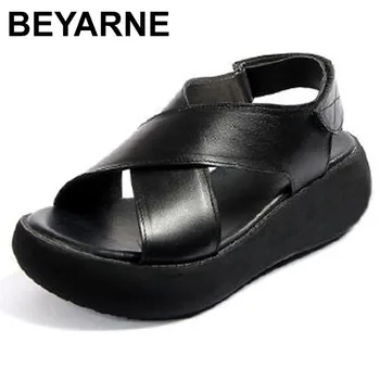 BEYARNE2021 Сандали от естествена кожа, Дамски летни сандали на танкетке и платформа, Дамски сандали с отворени пръсти в ретро стил с кръстосани шнур