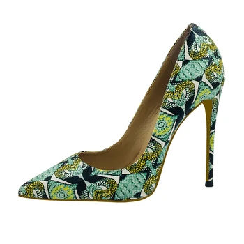 Дамски обувки на тънък висок ток с остър бомбе и зелена змеиным принтом 6 см, 8 см, 10 см, 12 см