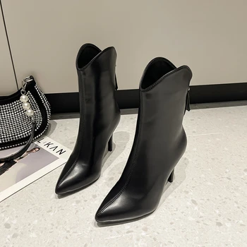 Нова зимна марка дамски обувки, ботуши до средата на прасците с цип, дамски ботуши с остри пръсти на тънък ток, модерни дамски обувки, ежедневни обувки