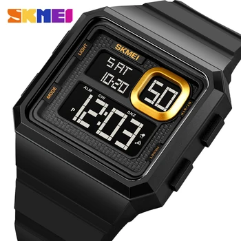 SKMEI Популярни спортни електронни часовници за мъже с квадратни голям циферблат, дисплей дата, led цифри, ръчни часовници, модни мъжки часовник с черна каишка от изкуствена кожа