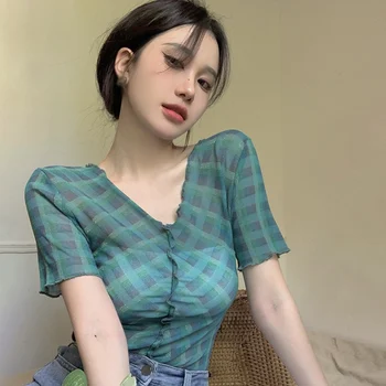 Дамски клетчатая тънка секси тениска в корейски стил с къс ръкав, оборудвана приятелка, тънък дизайн, усещане за лято 