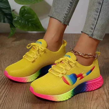Дамски обувки на платформа, спортни обувки от плетиво на окото с голям размер, модни и ежедневни обувки рейнбоу цвят, маратонки за фитнес дантела