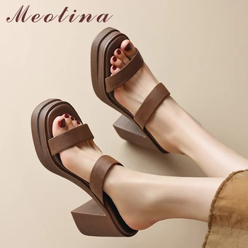 Meotina/ Дамски обувки от естествена кожа, джапанки на платформа с квадратни пръсти и високи токчета, женските модни ежедневни чехли, Лято-Пролет 40