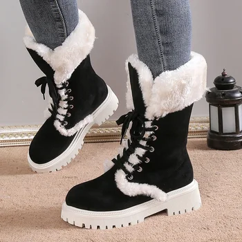 Модни топли Зимни обувки дантела, женски 2023, нови обувки до средата на прасците на платформата от изкуствена кожа, дамски нескользящая къс плюшен зимни обувки