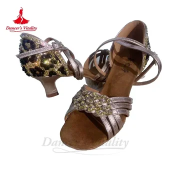 Танцови обувки с диаманти, Нови обувки за латино танци, Обичай една фабрика, за възрастни жени с плъзгане подметка за латино танци Румба Chacha