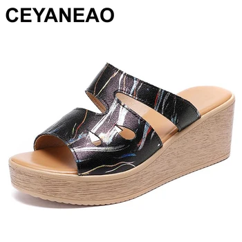 Дамски чехли CEYANEAO, обувки от естествена кожа, пълзяща отвън, фишове, дамски модни лятна танкетка на дебелото плажната перекидной подметка