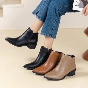 Есенни нови дамски ботильоны 2023, модни дамски обувки Челси на дебелите обувки с остри пръсти, големи размери, страничен цип, дамски обувки Челси