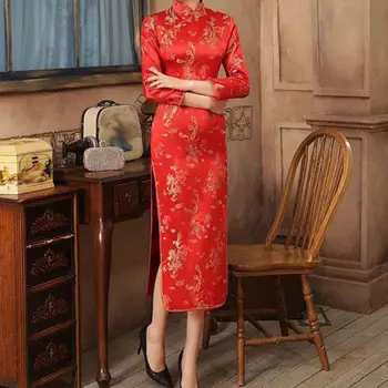 Женствена рокля Чонсам, елегантни дамски рокли Чонсам в китайски стил за сватби, партита, Класически, с високи цепки, с дълга вилица, секси
