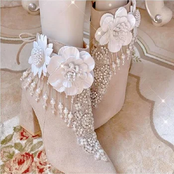 Кадифе есенно-зимни дамски обувки, дамски pointe обувки, рейнские ботуши с цветя пискюл на масивна ток, френски дамски ботуши