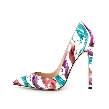Пролет-лято тънки обувки от лачена кожа с цветни акценти на тънък висок ток за банкет, универсални дамски обувки голям размер