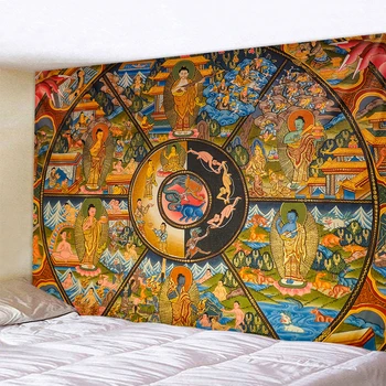 Древна будистка картина тханка, гоблен с преговарящите хипи, стенни стая, хол, декорация на дома, на фона на плат