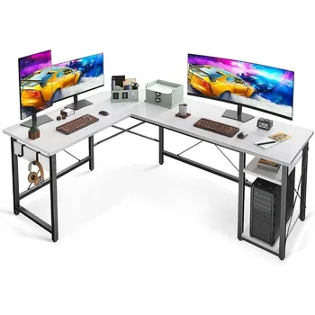 L-образна форма компютърна маса 66 инча с рафтове за съхранение, ъглов Здрав бюро за работното място, модерна дървена игрална маса за офис
