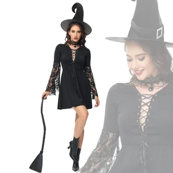 Костюм на вещица за cosplay на Хелоуин за възрастни в черна рокля