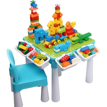 Детски многофункционален настолен комплект 5 в 1 - маса от градивните блокове с място за съхранение на игралната масичка