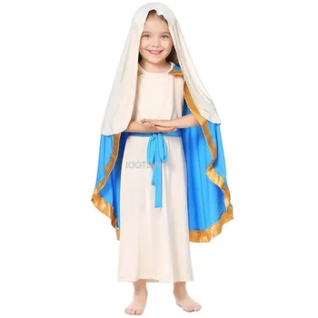 Рокля на Дева Мария за момичета Костюм на Библейски Свети Облекло Овчар Дреха без ръкави, Шал Cosplay Хелоуин Карнавал Елегантна празнична рокля