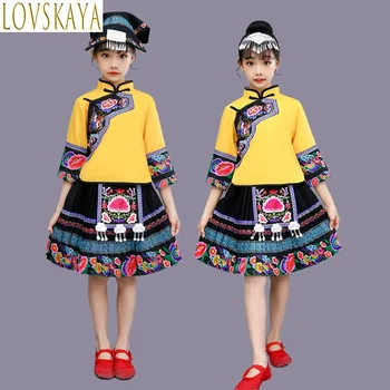 Детски костюми за изпълнения на етническите малцинства за момичета, етнически костюми за изказвания Yi, Chuang, Дон