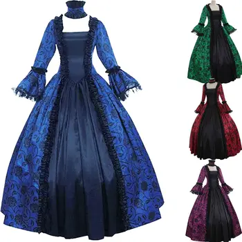 Викторианска Готическа рокля на Средновековния Ренесанс, cosplay вампир на Хелоуин, Пищни принцеса рокля с дълъг ръкав и висока воротом, Фантазийное Пищни рокля