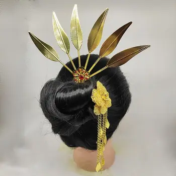 Древните шапки Hanfu, Тайландски прическа, Ретро Листо, цвете, Метални пръчки за коса, пера, кристали, U-образна родословна за жени