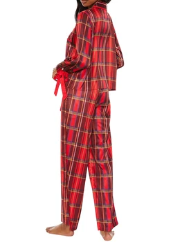 Жена коледен пижамный комплект с тапицерия от пера, Сатен, копринен топ с дълги ръкави в клетката и бутони, пижамные панталони, зимна празнична пижами