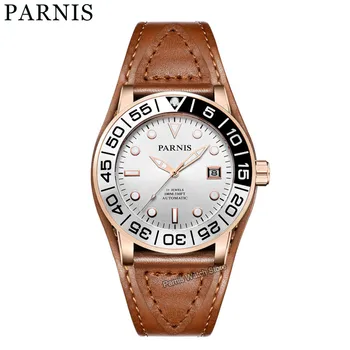 Мъжки часовник Parnis 42 мм 21 Jewels Miyota 821A с автоматична нежна етикет, сапфирен кристал, кожена каишка 10 БАР
