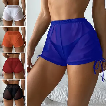 Секси обикновена плажни плувни панталони с прозрачна мрежа и дишаща странични завязками с висока талия и четири ъгли, шорти-бикини