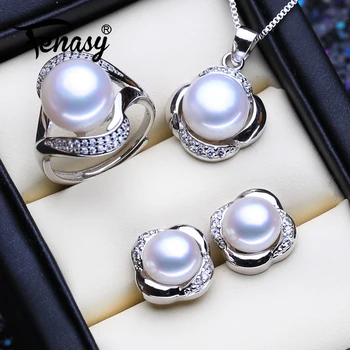 FENASY Комплекти бижута от сребро 925 проба, колие от естествени перли за жени, модерно колие, висулка, обеци-на карамфил, годежен пръстен