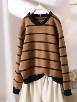 Есен/Зима 2023, Нов пуловер една ивица с кръгло деколте, свободно и художествен пуловер с топло дъното за жени