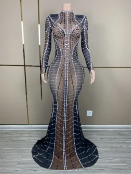 Блестящи Кристали, сексуална бархатное рокля с дълги ръкави отзад, луксозна вечерна рокля за костюмированной партита с камъни от черна мрежа.