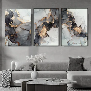 Стенни живопис върху платно от златисто-черен мрамор, абстрактен съвременен луксозен плакат и принт за домашен интериор, интериор дневна