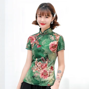 Дамско палто Тан, блузи, традиционен китайски Плюс размери, цветен принт, сексуална тънка риза, Мека Зелена сатен блуза, Реколта Класически дрехи