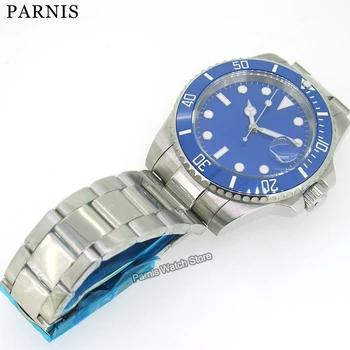 Мъжки автоматични механични часовници Parnis 40 мм, с сапфирено покритие в син цвят с въртяща керамично безелем