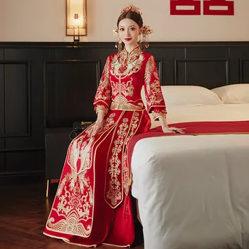 Традиционната класическа облекло за наздравици с бродерия на Финикс в китайски стил, сватбената рокля на булката Чонсам